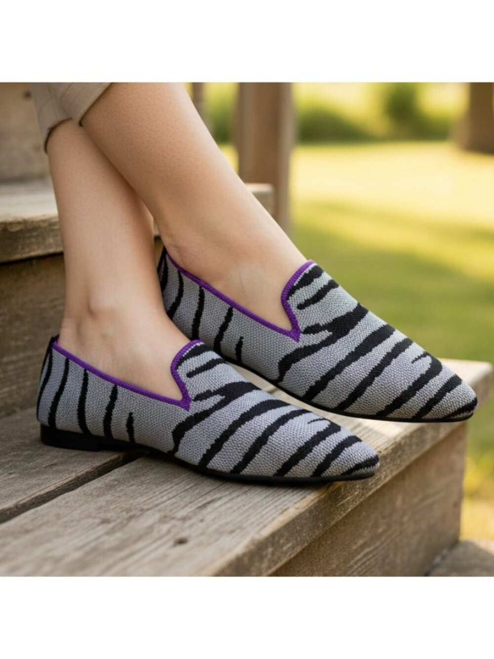 Zebra Knit Shoes Pointed Toe Slip-On Loafer Ballet Flats Color Contrasting Trim